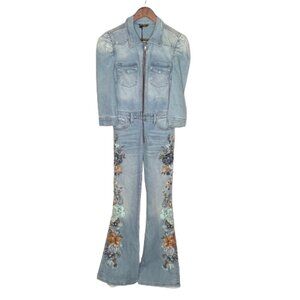 Driftwood Womens Farrah Embroidered Denim Coveralls Small Light Wash Flare Boho